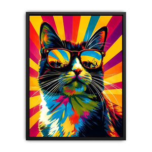 Retro pop art cat wearing sunglasses with colorful sunburst background for modern wall decor