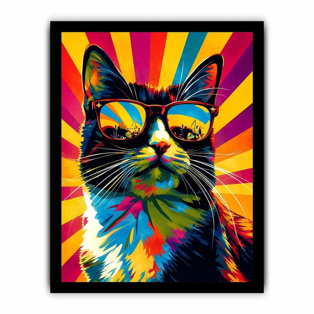 Retro pop art cat wearing sunglasses with colorful sunburst background for modern wall decor