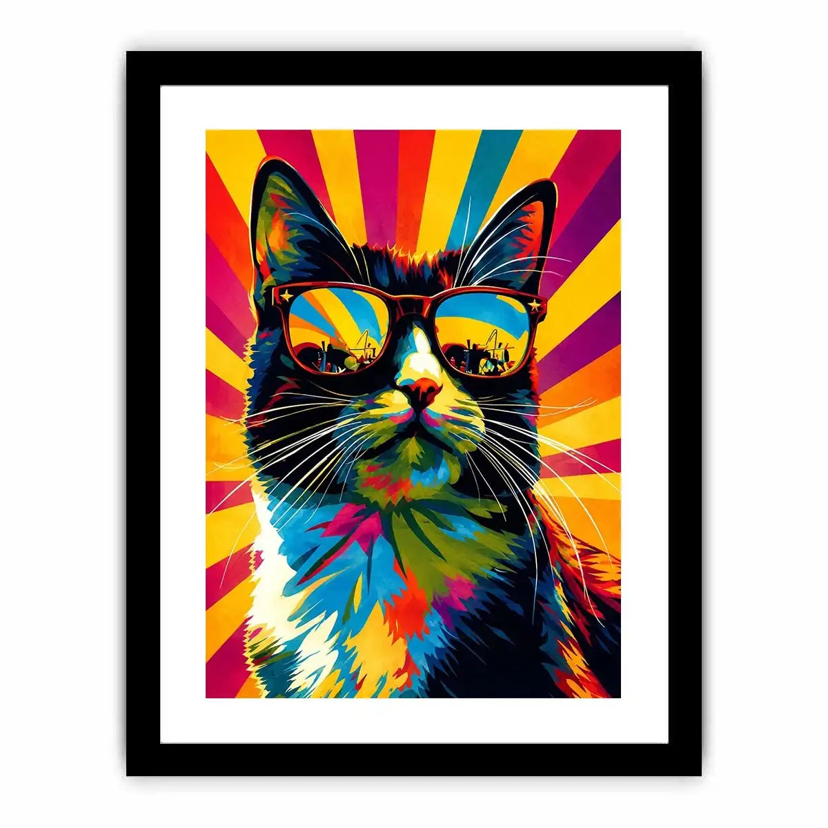 Retro pop art cat wearing sunglasses with colorful sunburst background for modern wall decor