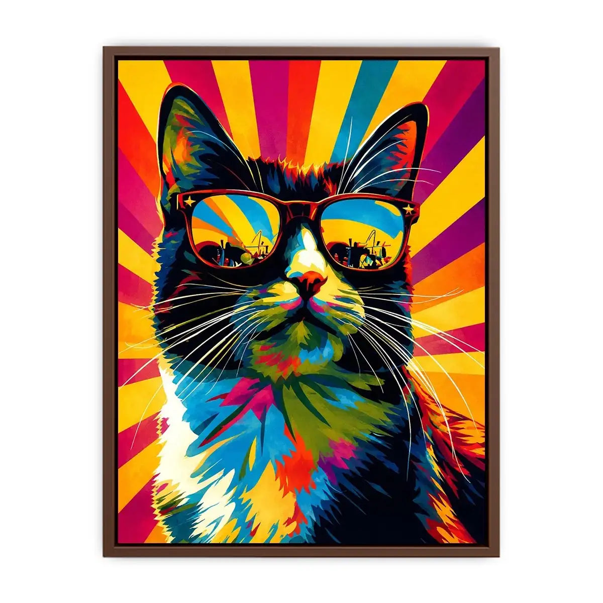 Retro pop art cat wearing sunglasses with colorful sunburst background for modern wall decor