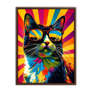 Retro pop art cat wearing sunglasses with colorful sunburst background for modern wall decor