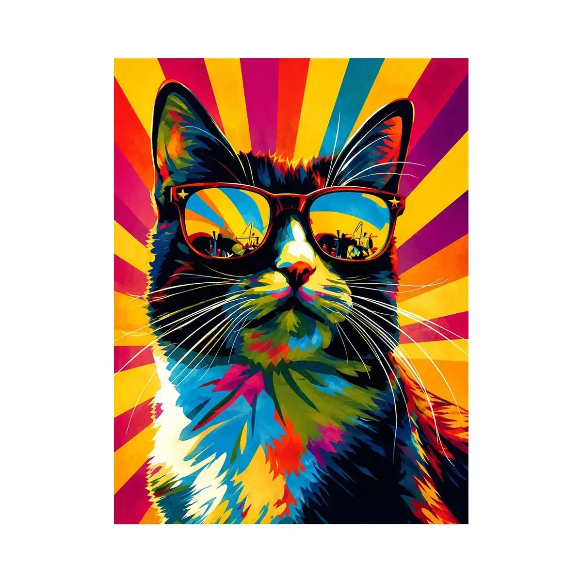 Retro pop art cat wearing sunglasses with colorful sunburst background for modern wall decor