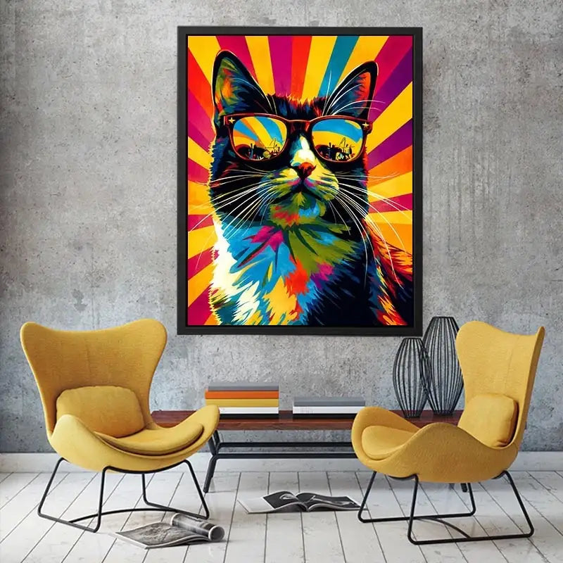 Retro pop art cat wearing sunglasses with colorful sunburst background for modern wall decor