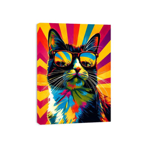 Retro pop art cat wearing sunglasses with colorful sunburst background for modern wall decor