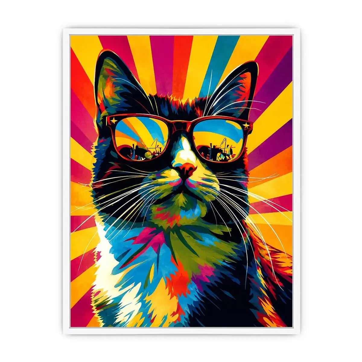Retro pop art cat wearing sunglasses with colorful sunburst background for modern wall decor