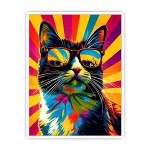 Retro pop art cat wearing sunglasses with colorful sunburst background for modern wall decor