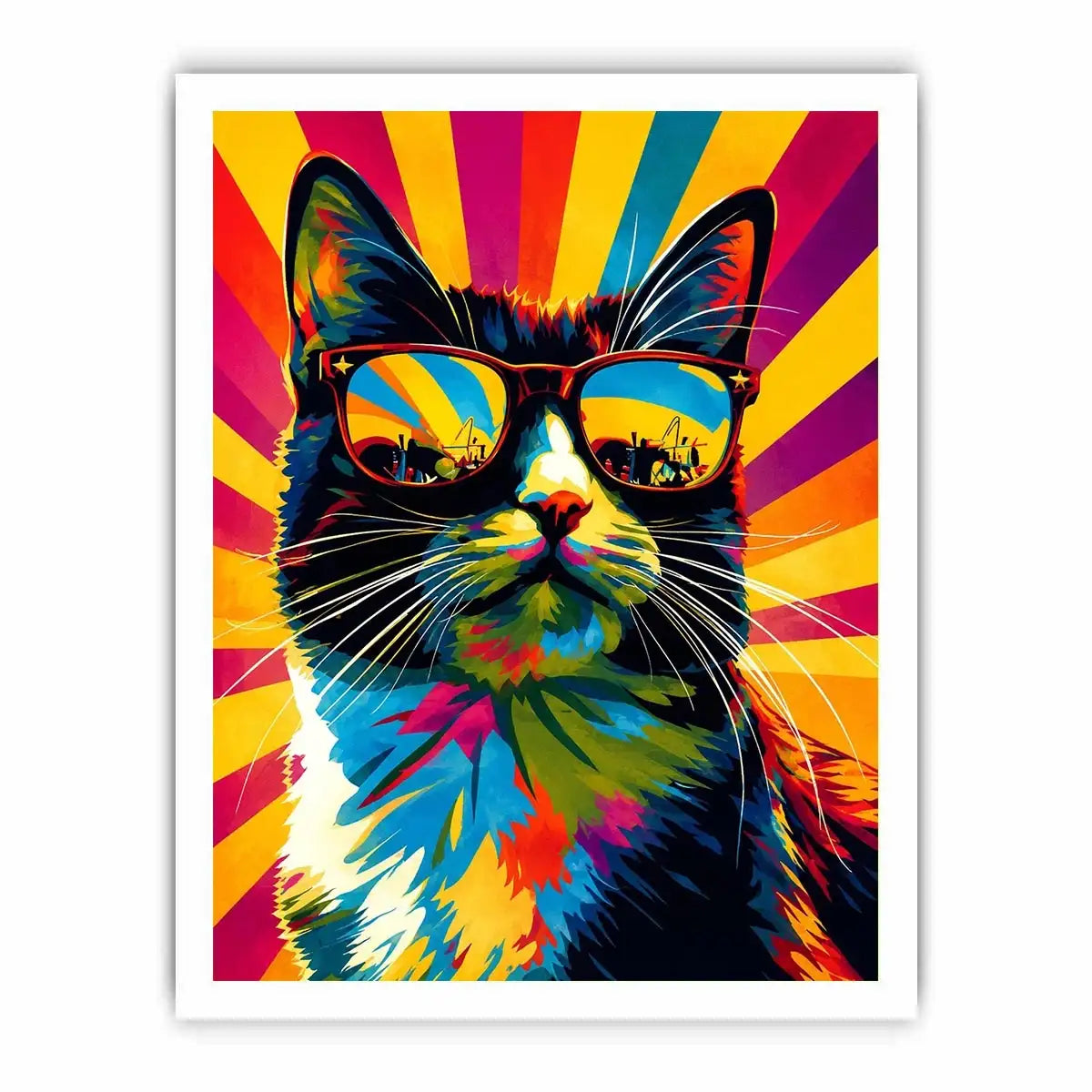 Retro pop art cat wearing sunglasses with colorful sunburst background for modern wall decor