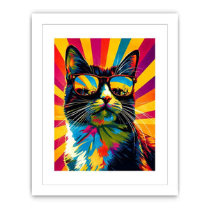 Retro pop art cat wearing sunglasses with colorful sunburst background for modern wall decor
