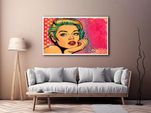 Retro pop art woman portrait with vibrant pink background for modern glamorous wall decor