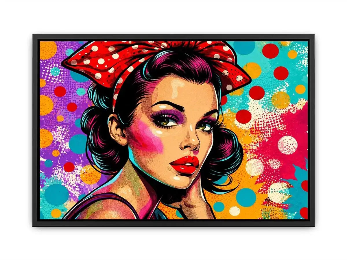 Colorful retro pop art woman portrait with polka dots for glamorous modern wall decor