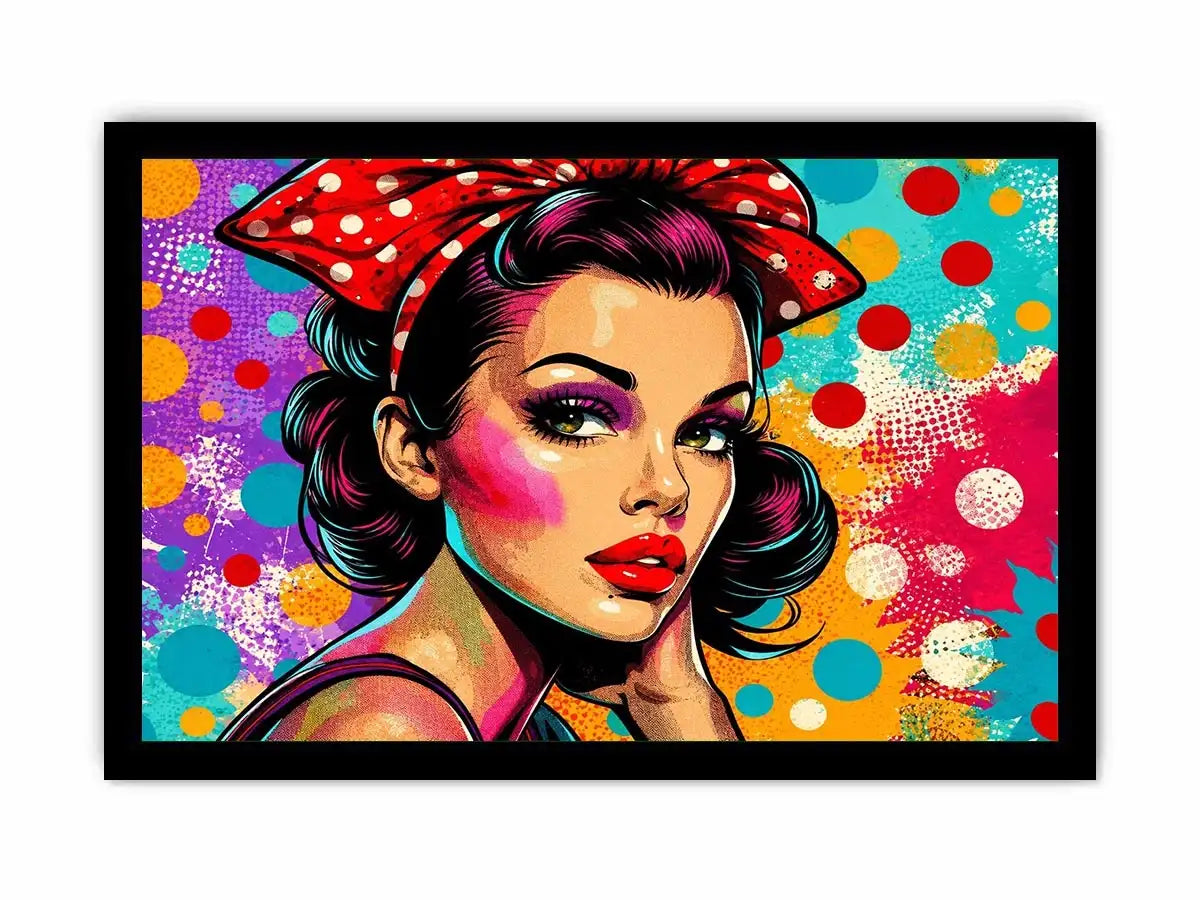 Colorful retro pop art woman portrait with polka dots for glamorous modern wall decor