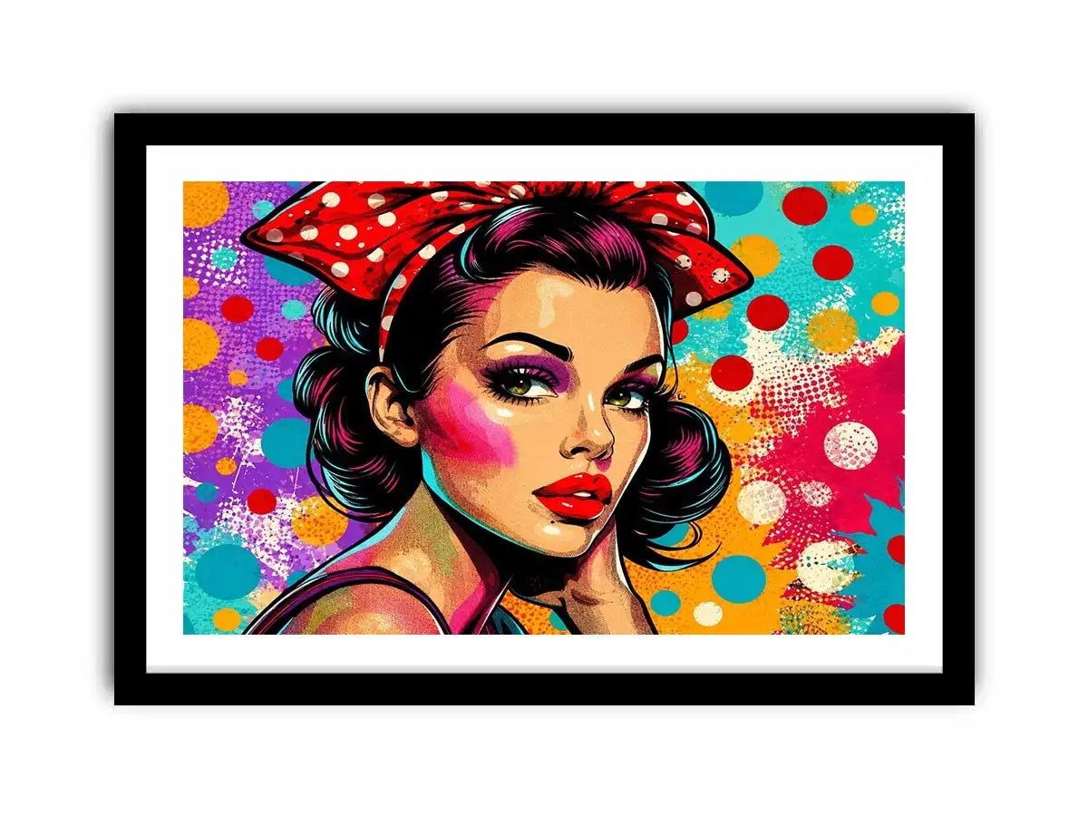Colorful retro pop art woman portrait with polka dots for glamorous modern wall decor