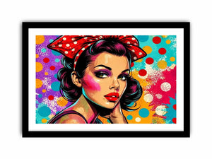 Colorful retro pop art woman portrait with polka dots for glamorous modern wall decor