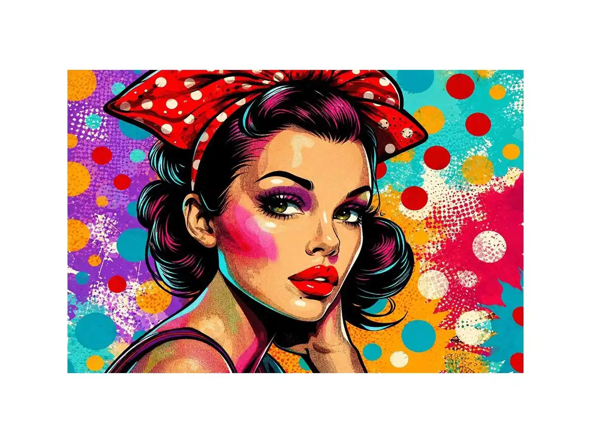 Colorful retro pop art woman portrait with polka dots for glamorous modern wall decor