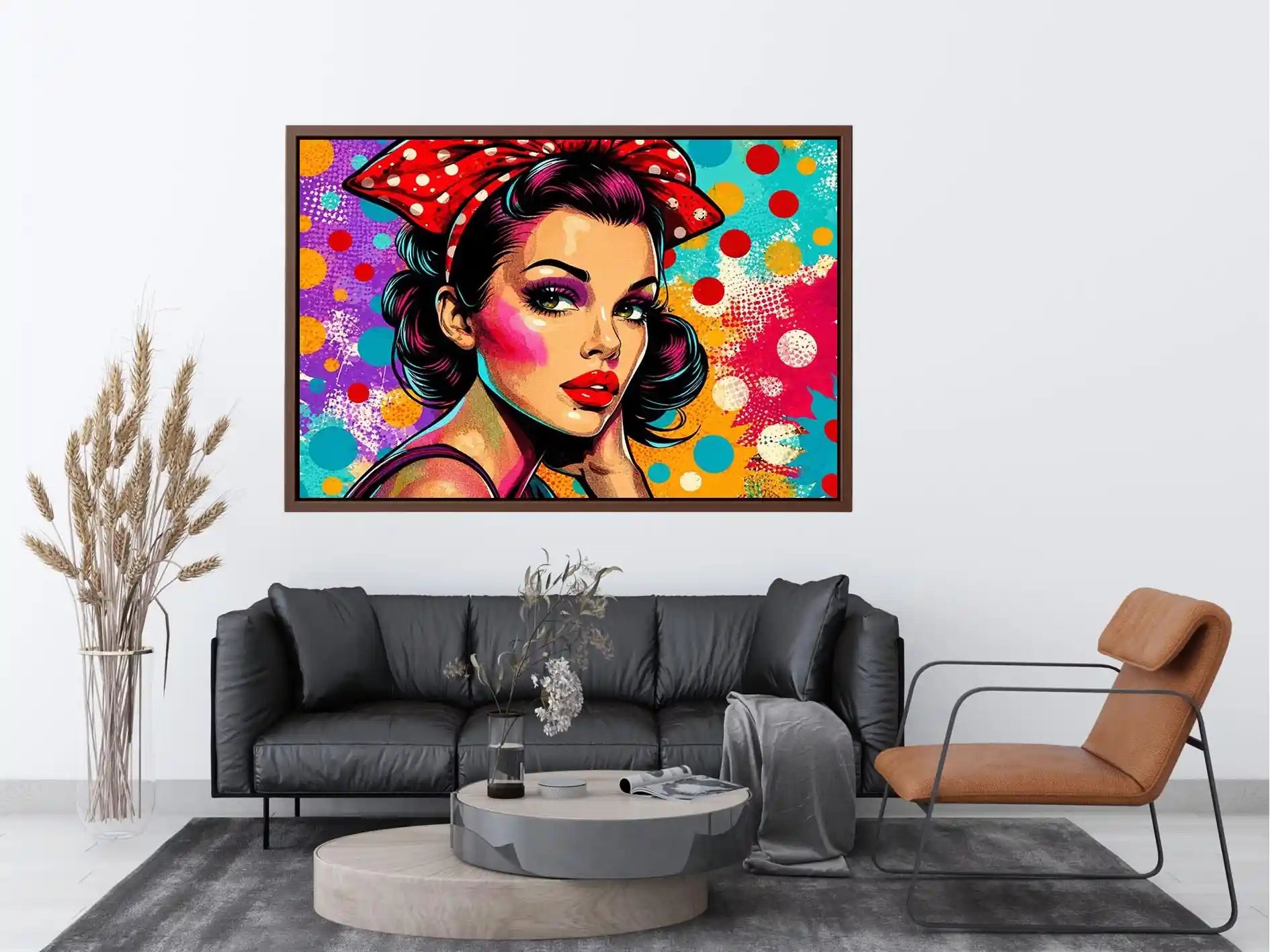 Colorful retro pop art woman portrait with polka dots for glamorous modern wall decor