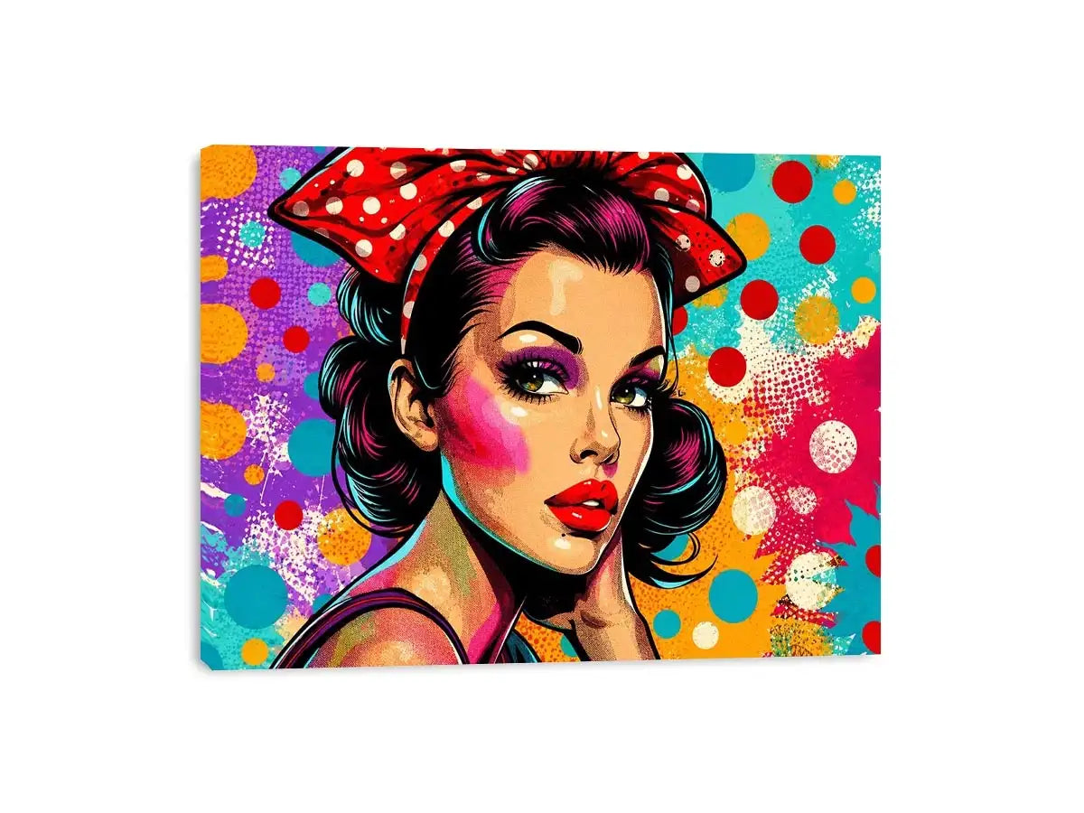 Colorful retro pop art woman portrait with polka dots for glamorous modern wall decor