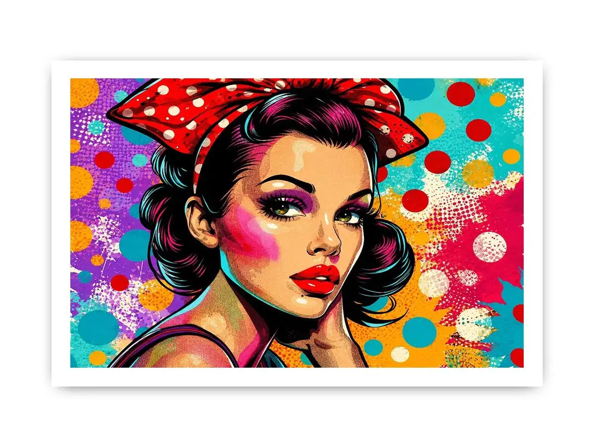 Colorful retro pop art woman portrait with polka dots for glamorous modern wall decor