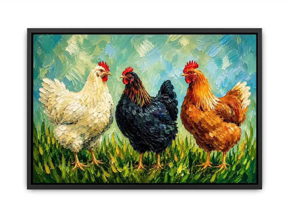 Farmhouse chicken painting with textured brushstrokes for rustic kitchen and country home wall decor