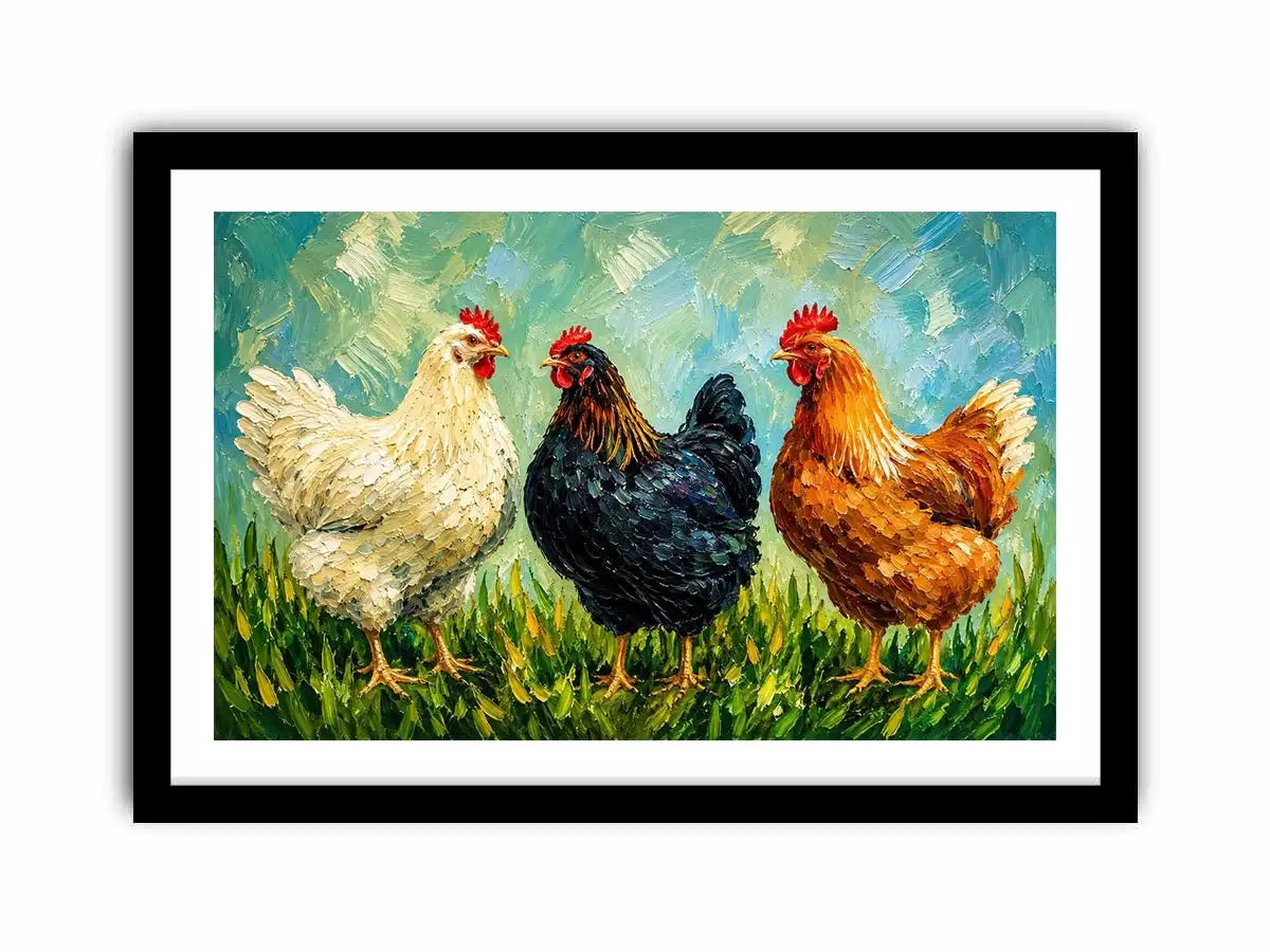Farmhouse chicken painting with textured brushstrokes for rustic kitchen and country home wall decor
