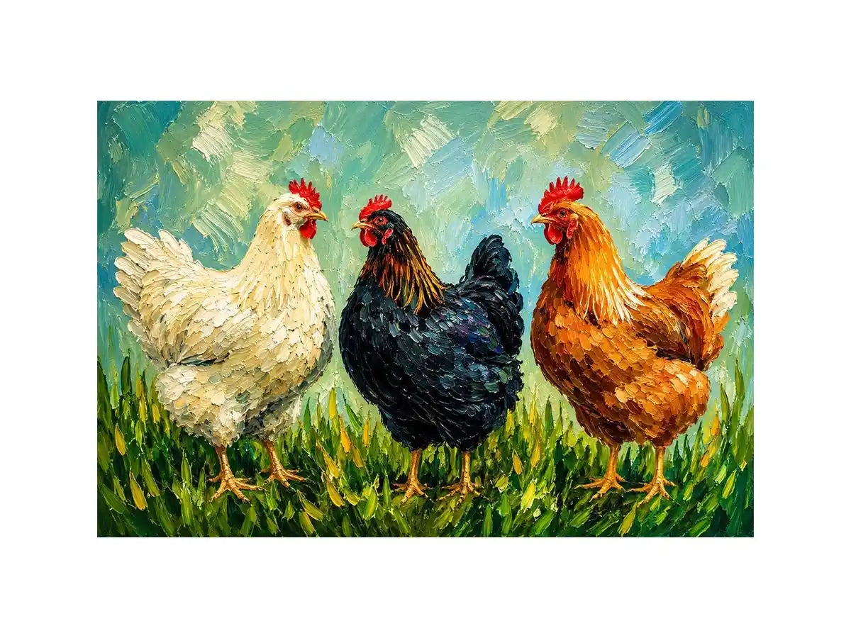 Farmhouse chicken painting with textured brushstrokes for rustic kitchen and country home wall decor