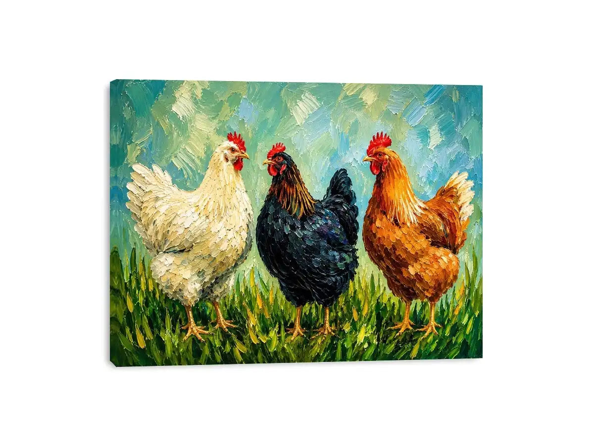 Farmhouse chicken painting with textured brushstrokes for rustic kitchen and country home wall decor