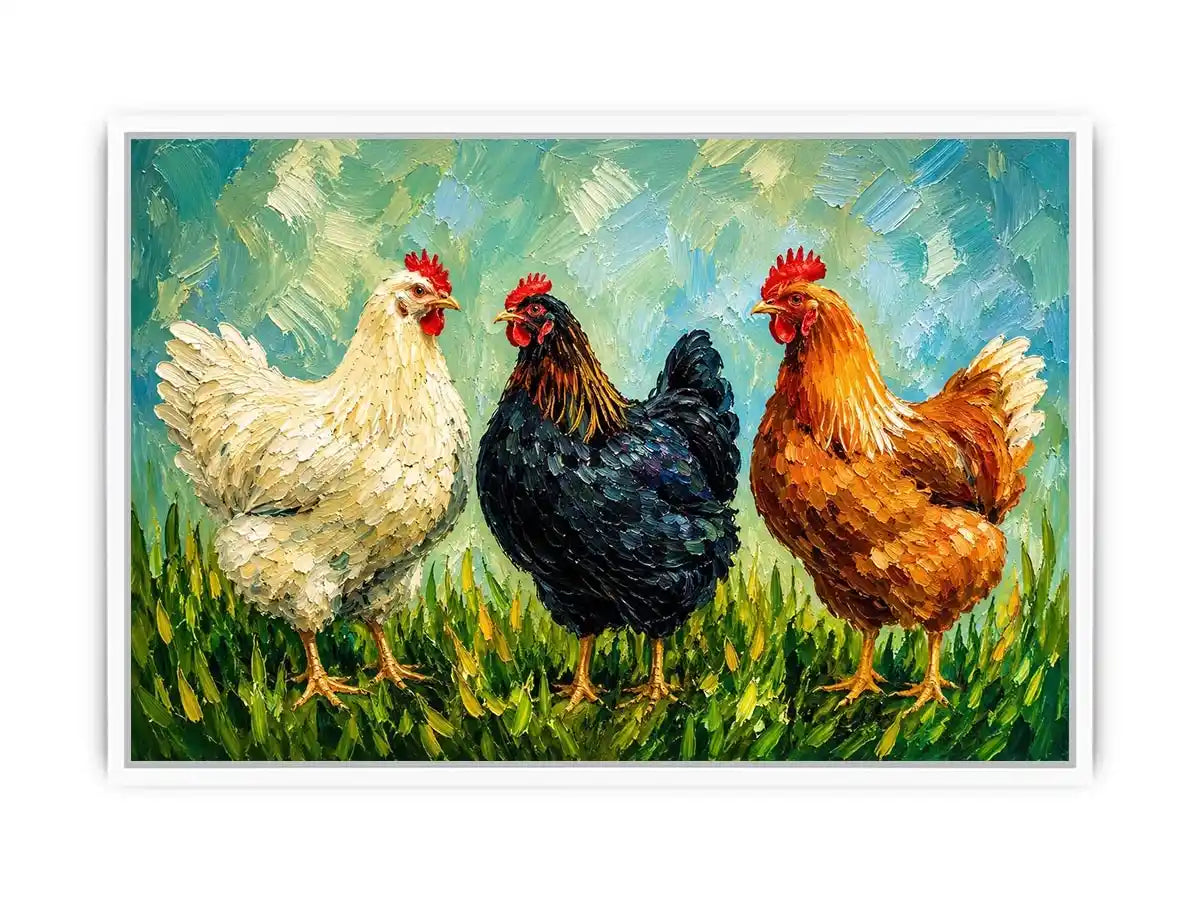 Farmhouse chicken painting with textured brushstrokes for rustic kitchen and country home wall decor