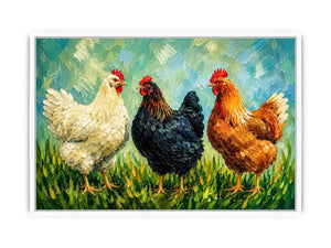 Farmhouse chicken painting with textured brushstrokes for rustic kitchen and country home wall decor