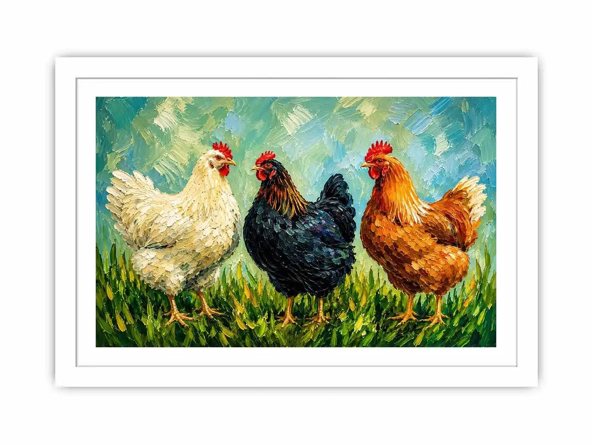Farmhouse chicken painting with textured brushstrokes for rustic kitchen and country home wall decor