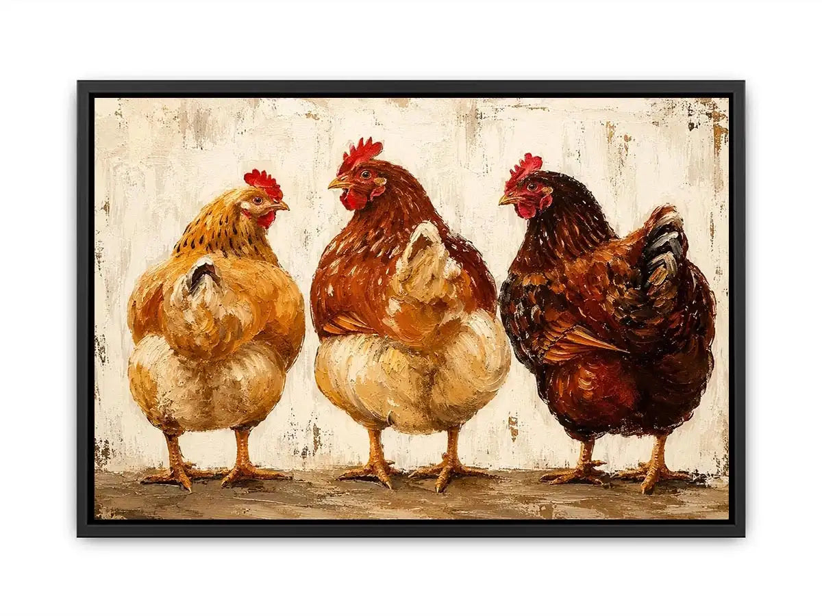 Rustic farmhouse hen painting with textured brushstrokes for cozy kitchen and country home decor