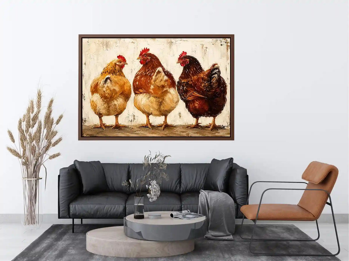Rustic farmhouse hen painting with textured brushstrokes for cozy kitchen and country home decor