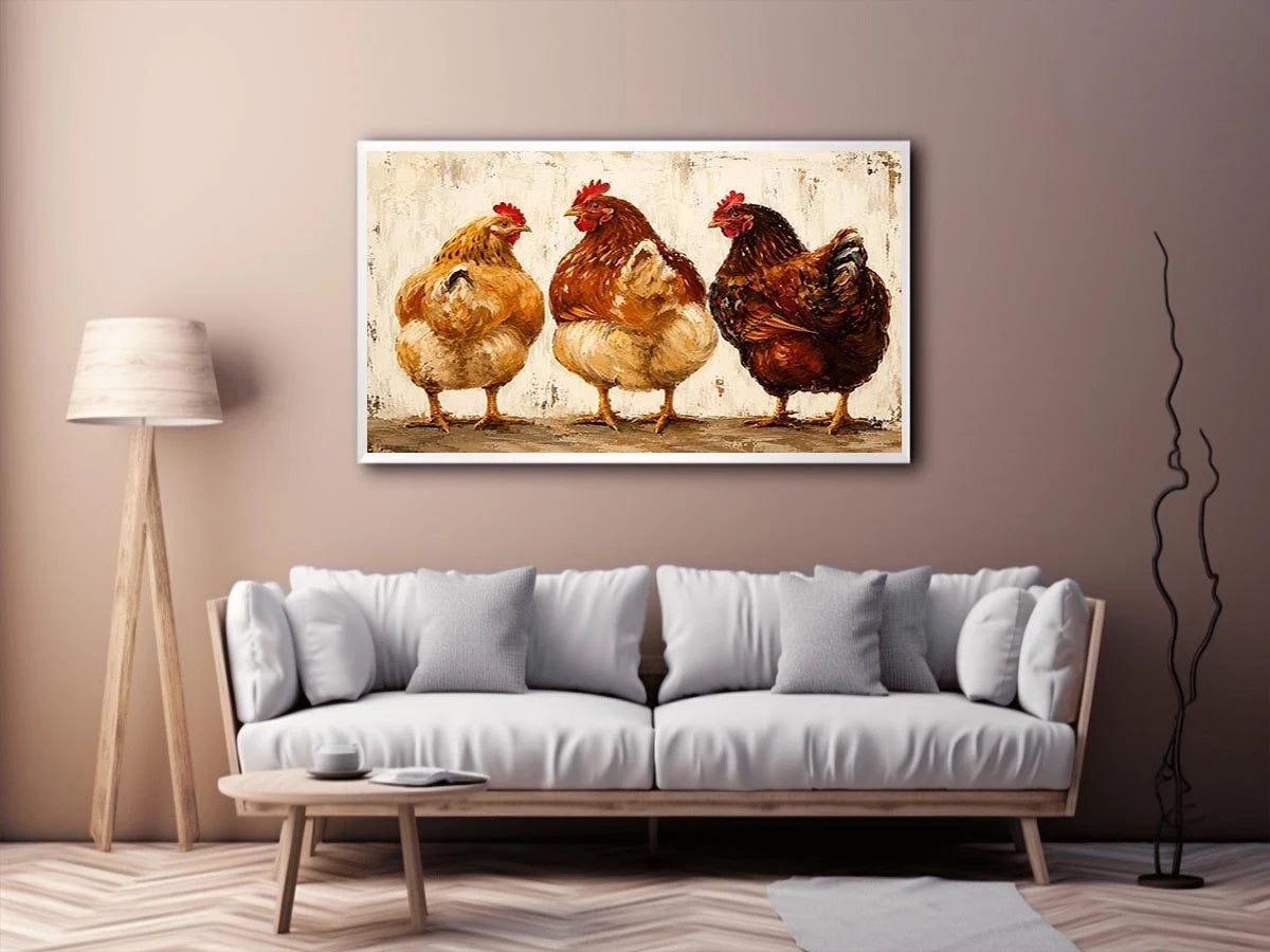 Rustic farmhouse hen painting with textured brushstrokes for cozy kitchen and country home decor
