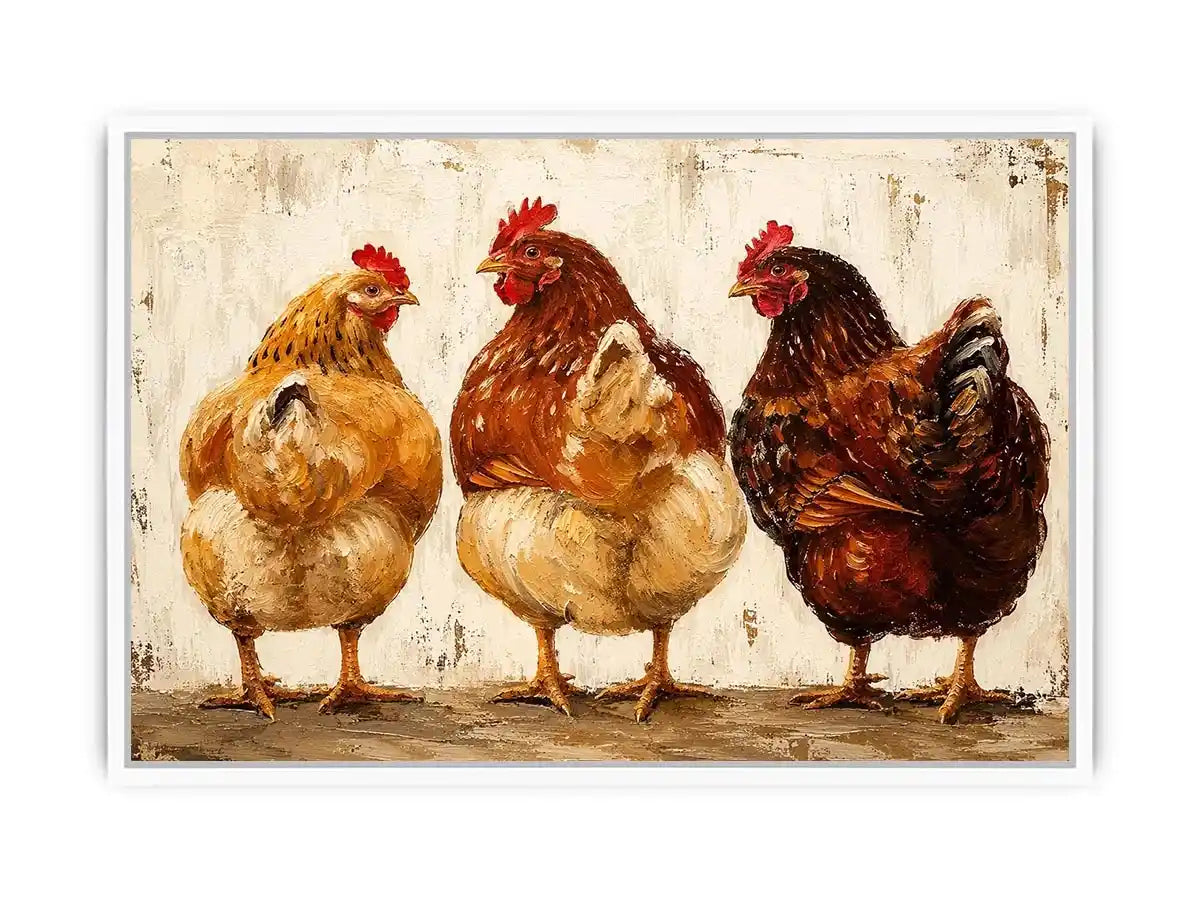 Rustic farmhouse hen painting with textured brushstrokes for cozy kitchen and country home decor