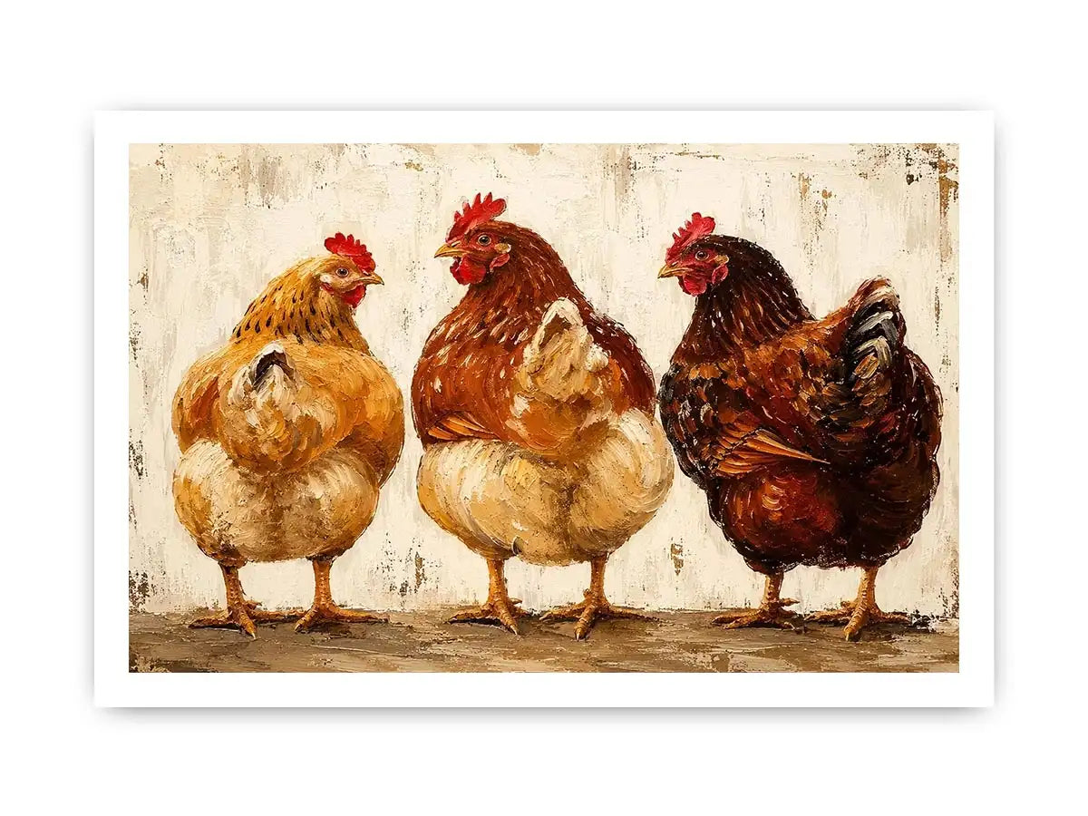 Rustic farmhouse hen painting with textured brushstrokes for cozy kitchen and country home decor