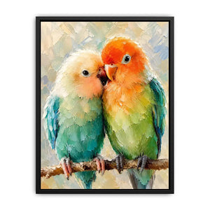 Pastel lovebirds painting with textured brushstrokes for romantic bedroom and farmhouse wall decor