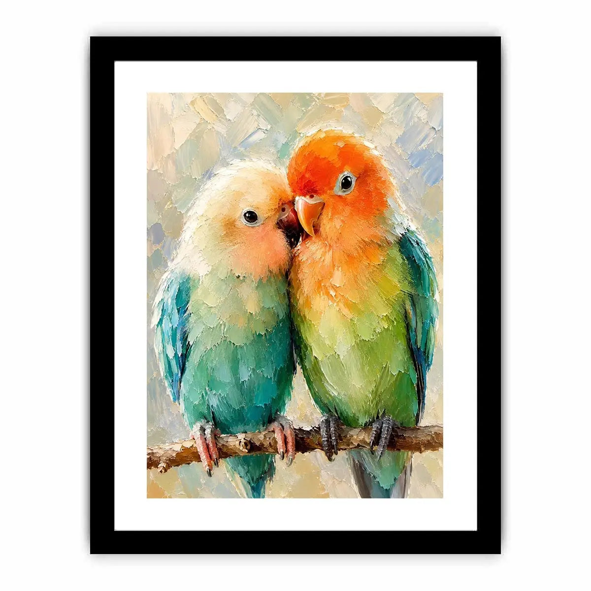 Pastel lovebirds painting with textured brushstrokes for romantic bedroom and farmhouse wall decor