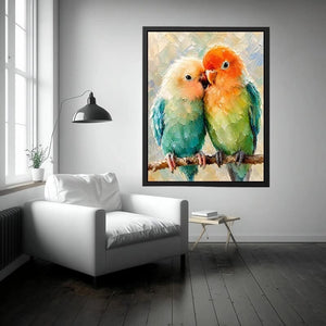 Pastel lovebirds painting with textured brushstrokes for romantic bedroom and farmhouse wall decor