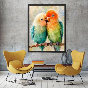 Pastel lovebirds painting with textured brushstrokes for romantic bedroom and farmhouse wall decor