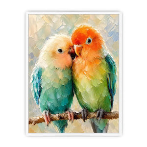 Pastel lovebirds painting with textured brushstrokes for romantic bedroom and farmhouse wall decor