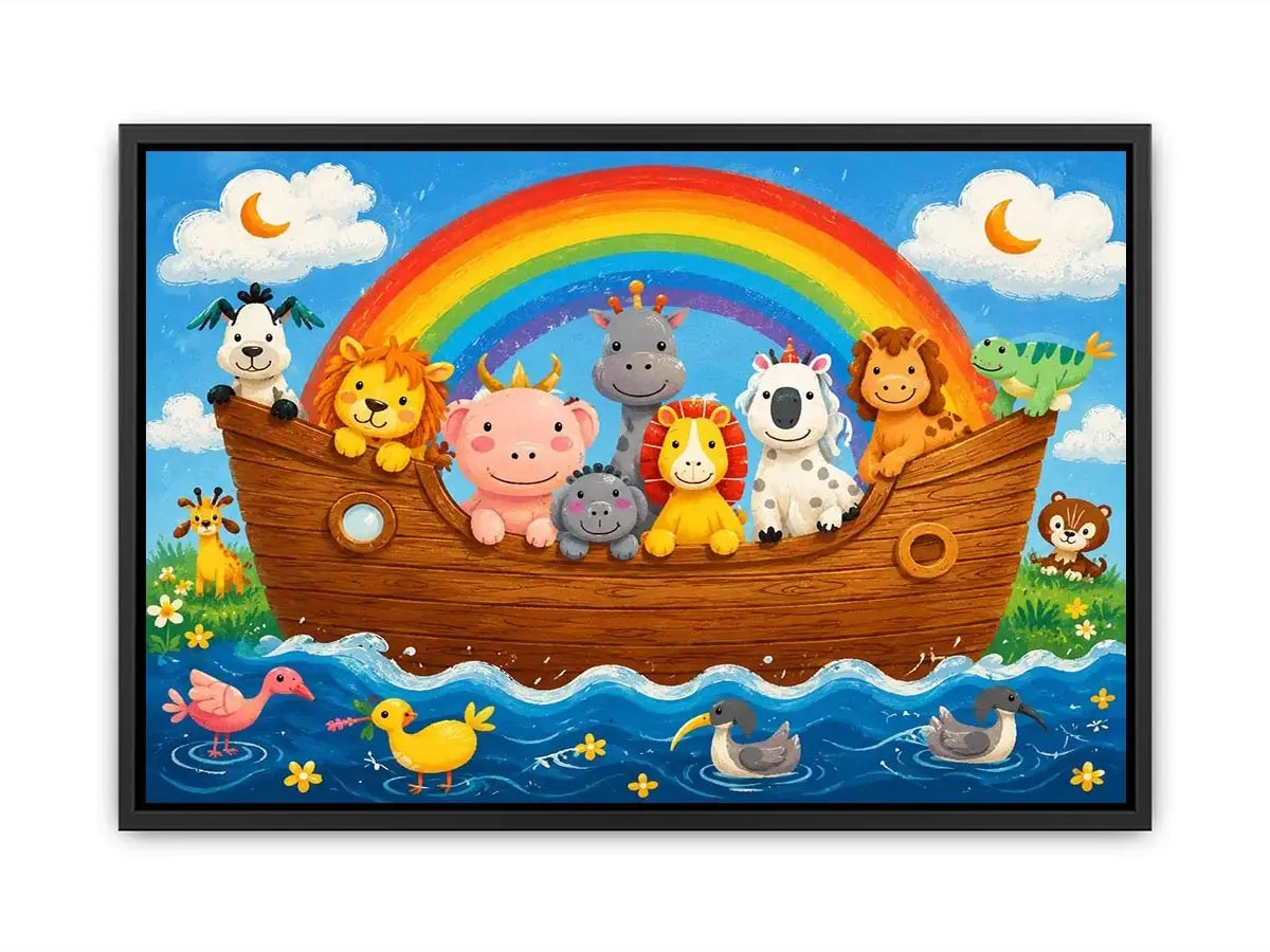 Cute rainbow animal ark nursery wall art with playful safari animals and colorful storybook style