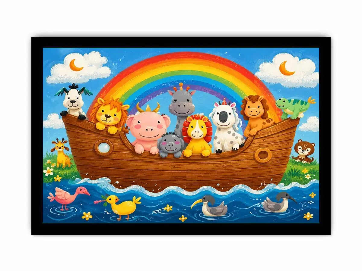 Cute rainbow animal ark nursery wall art with playful safari animals and colorful storybook style