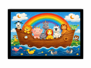 Cute rainbow animal ark nursery wall art with playful safari animals and colorful storybook style