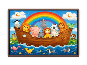 Cute rainbow animal ark nursery wall art with playful safari animals and colorful storybook style