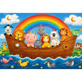 Cute rainbow animal ark nursery wall art with playful safari animals and colorful storybook style