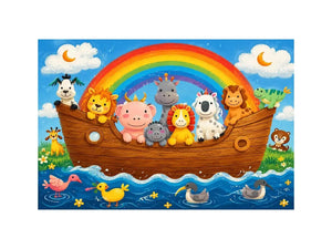 Cute rainbow animal ark nursery wall art with playful safari animals and colorful storybook style