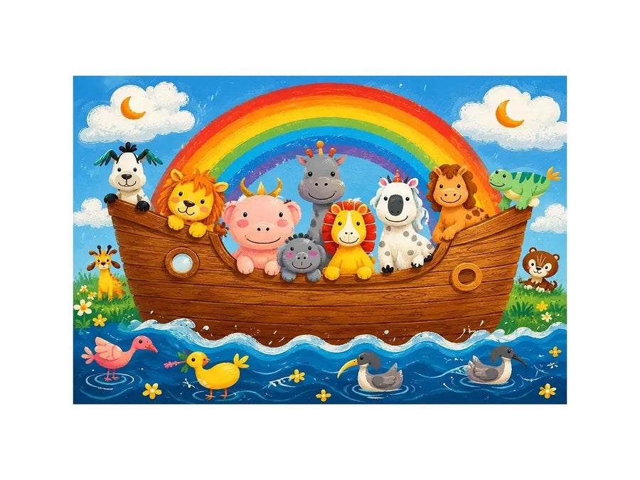 Cute rainbow animal ark nursery wall art with playful safari animals and colorful storybook style