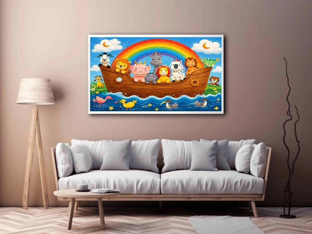 Cute rainbow animal ark nursery wall art with playful safari animals and colorful storybook style