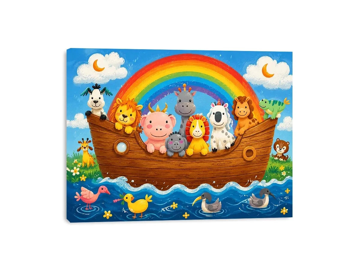 Cute rainbow animal ark nursery wall art with playful safari animals and colorful storybook style