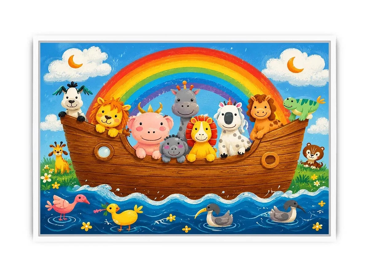 Cute rainbow animal ark nursery wall art with playful safari animals and colorful storybook style