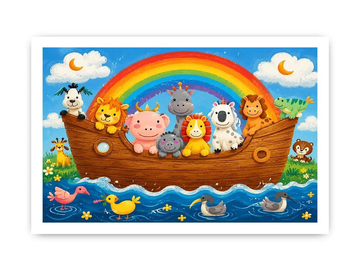 Cute rainbow animal ark nursery wall art with playful safari animals and colorful storybook style