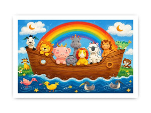 Cute rainbow animal ark nursery wall art with playful safari animals and colorful storybook style